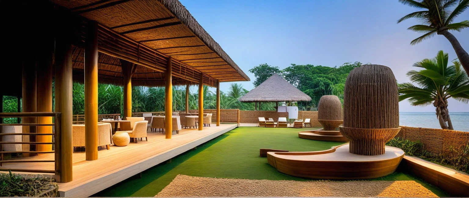 headquarter of Local caft Resort , there is a thatched hut on the beach with chairs and tables, beach bar, (bamboo column), in a beachfront environment, bamboo huts, beach setting, wonderful masterpiece, restaurant in background, inspiring, thatched roof, un restaurant avec une terrasse, tropical location, thatched roofs, exterior shot, pavilion, awe - inspiring award - winning, vincent callebaut Rural house in sounth Vietnam, (day:1.1), coconut tree, tree in sounth Vietnam, tropical plants, light interior, warm lighting, blue sky, bokeh, soft light effects, morning mist, serene mood Raw photo,Masterpiece, high quality, best quality, authentic, super detail,