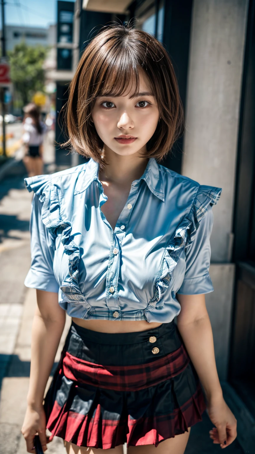 (8K, RAW Photos, Highest quality, masterpiece:1.2), (professional photography, full colors, studio-caliber color grading), (Gravure quality for high-end fashion magazines), close up, BREAK,18 year old girl, (short bob hair:1.1), crying a little, Harajuku style, Big Natural Color Lip, (Plumpy body:1.1 (smooth skin:1.1 (huge breasts:1.2 (expresses the roundness and softness of the chest area..1.1 BREAK (Ruffled shirt、)(Checked mini skirt、red、black、)
