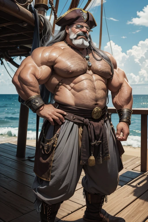 Hyperrealistic image of a steampunk pirate merman superhero with gray hair and very long hair wearing a headscarf and hoop earrings in his ears an eye patch very old and very sweaty bodybuilder over 80 years old..very muscular and fat, weighs more than 200 kilos with a bare torso, large and flaccid pectorals. Brown nipples and big gray mustaches standing on the deck of a pirate ship in a rough sea dressed in brocatto slipper pants and a satin sash at the waist