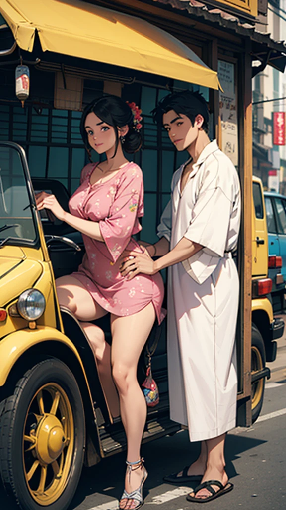 A couple in a colorful auto rickshaw, beautiful detailed eyes, extremely detailed face, short clothes, curvy hips