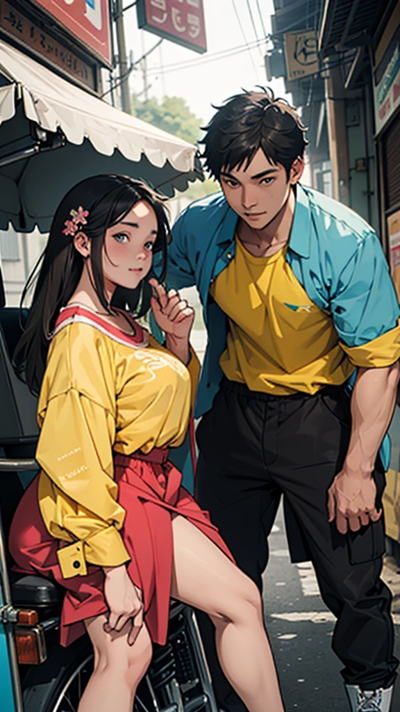 A couple in a colorful auto rickshaw, beautiful detailed eyes, extremely detailed face, short clothes, curvy hips