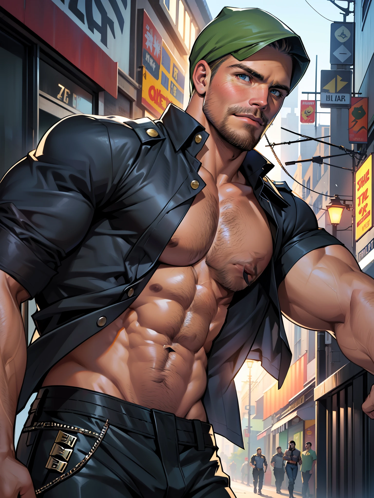 Best quality, masterpiece, ultra high res,detailed background,realistic,illustration,shot,solo,1boy,muscular male,beard,(police uniform), (((stephen amell  with open shirt))), erotic, ripped pants,street,muscular,facial hair,volumetric lighting,depth of field，short hair, stocky bara, stocky burly