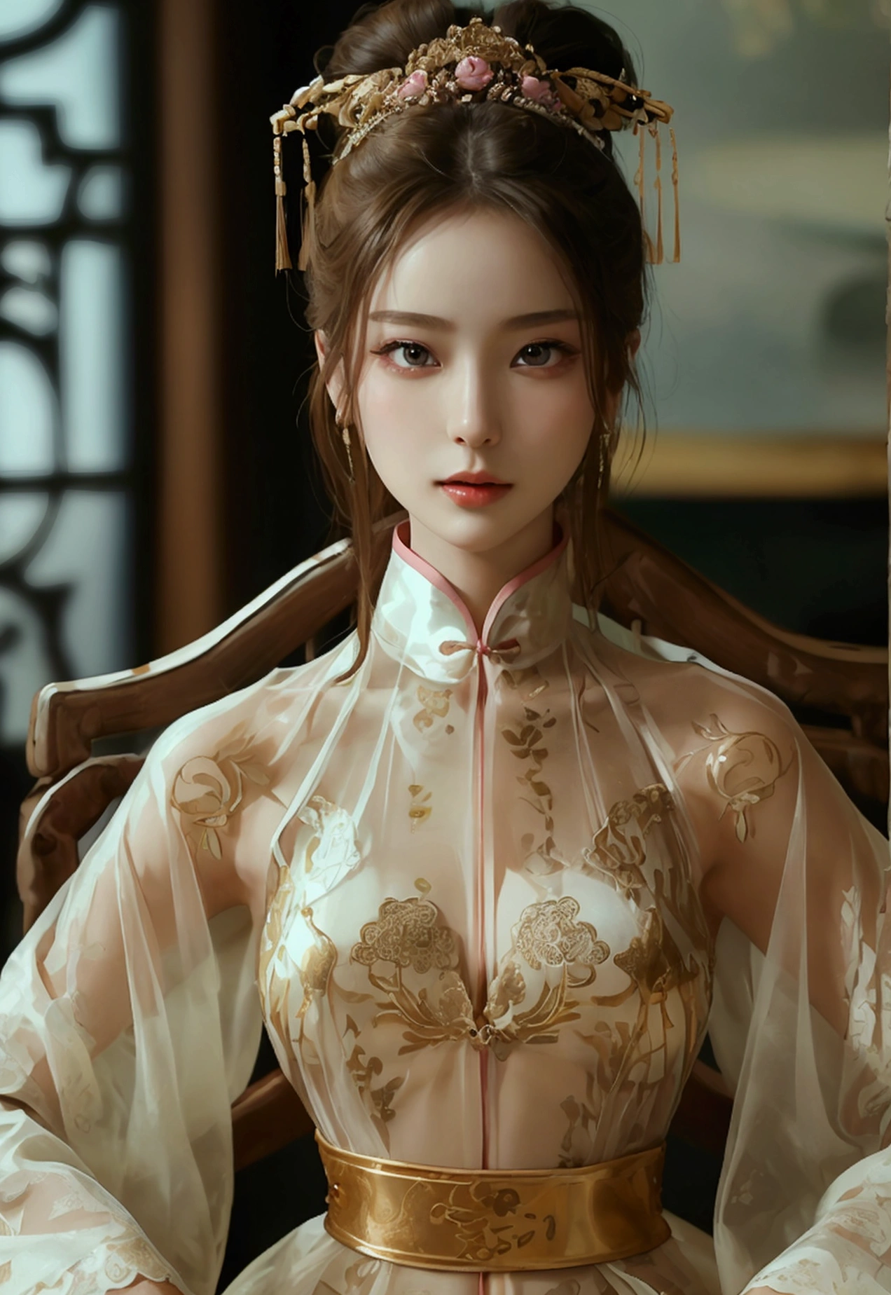 Create an image of a beautiful woman wearing a see-through traditional Chinese nightgown, so thin that you can see the sexiest skin. She has a slender face, sharp eyes, long hair, a responsive face, a high nose, and thin lips. Her breasts are 32 inches with pink nipples, her waist is 24 inches, her hips are 33 inches, her skin is bright and white. She has light brown hair. Her figure was slim and slightly muscular. And she was sitting with her legs spread open showing her very attractive genitals.