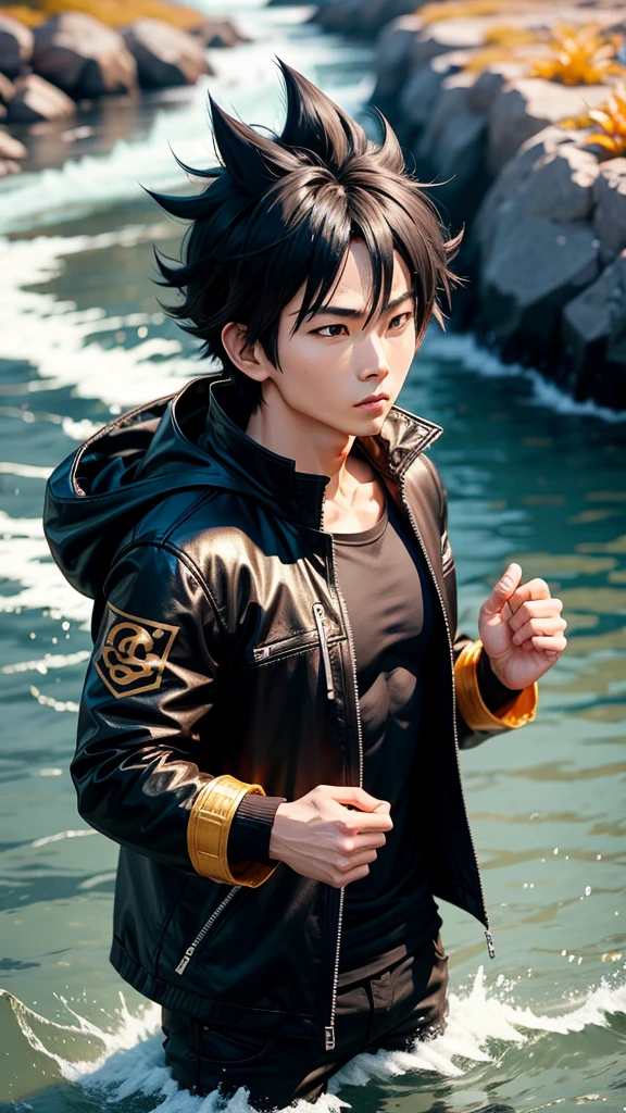 Characters Goku in black jacket Stopped in front of a golden river 