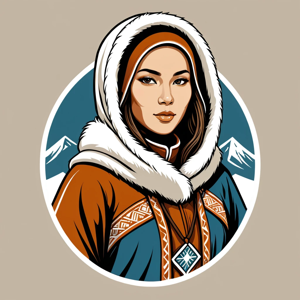 female	monk	in eskimo folk outfit	,vector graphics, strong contours, logo design																						