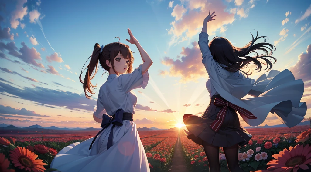 Fun anime girl in the middle of a very big flower garden, While watching the sun set on the horizon、Jump with your hands raised above your head. Her back is facing the camera. Because the sky above is bluish、It&#39;s evening. Distant shots. 2D.Sailor suit.Brown Hair