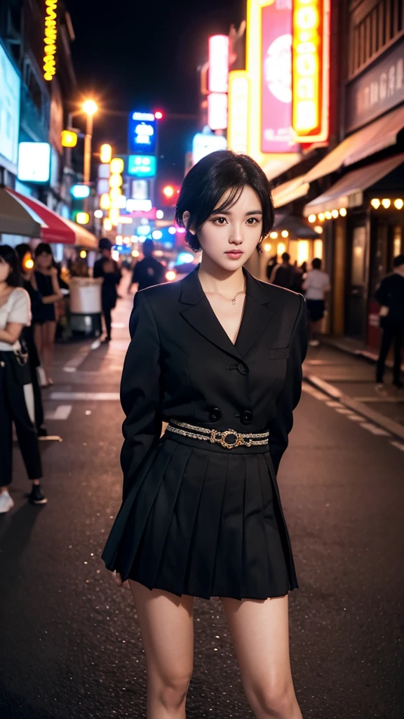Cute young woman, Black short hair, Brown eyes, Queen,Pleated skirt suit,Street Lights,Neon lights,Bustling street background,(Umbilical cord:1.1,Princess Eyes), noble, Royal Family, high quality, masterpiece, Very detailed