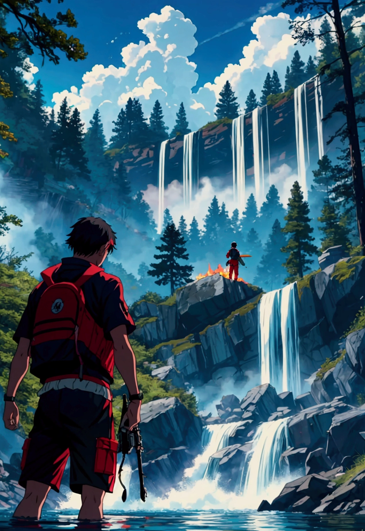 bright colors,anime,Backwoods,boy,Training by the Lake,Near the Monster Looks at the Guy,dark hair,Bright Water with Fish Visible,Near the waterfall,Equipment, bonfire,4K wallpaper,beautiful view