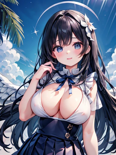 (Tabletop ,Highest quality,Very detailed), 1. Cute and innocent girl,An innocent smile,Seraphim,Blue Collar,Navy Pleated Skirt,From below,blue sky,White cloud,Summer sunshine,Beautiful and beautiful eyes,Sparkling eyes,Glossy Lips,  Perfect Anatomy , Five perfect fingers,charm,wonderful, The Ultra-Fine Age,Big Breasts、Long black hair