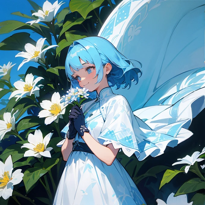 A girl watering the plants in her garden full of flowers under a bright blue sky wearing black gloves having light blue hairs. Smiling brightly looking at the flowers. Eye detail, intricate details, wearing a white flower print dress