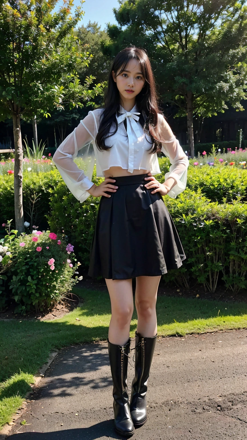 (8k、RAW Photos、Highest quality、masterpiece:1.2)、(Realistic、Realistic)、1 Girl、((Black see-through dresini skirt、garden、Exposed Skin、whole body、boots、View from the front、Looking at the camera、Stand with hands on hips))、cute
