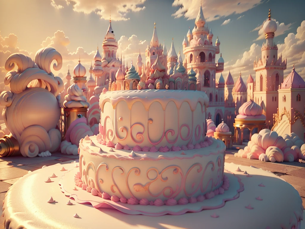 Masterpiece, Best quality, (huge cake)Pastel colors,Magical sky clouds,Fine texture,Pink fluffy cream,cake shop,Vibrant colors,Candy toppings,,Texture , heavily stylized, 4K,, unreal engine 5 render,