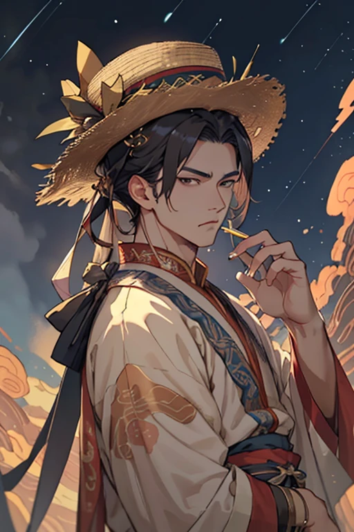 ((best quality)), ((masterpiece)), (detailed), male,Front image,Chinese Mythology,During the Song Dynasty。This is a chivalrous god.。他的身后是During the Song Dynasty的城市和蓝天。He has black eyes,Looks very handsome,He looks a bit cold,Not easy to approach,A little frown。The background is the beautiful Song Dynasty city and sky,There are some shooting stars in the background。He holds a sword in one hand,A straw hat is worn on his head,Looks a bit arrogant,Looks like a folk knight。