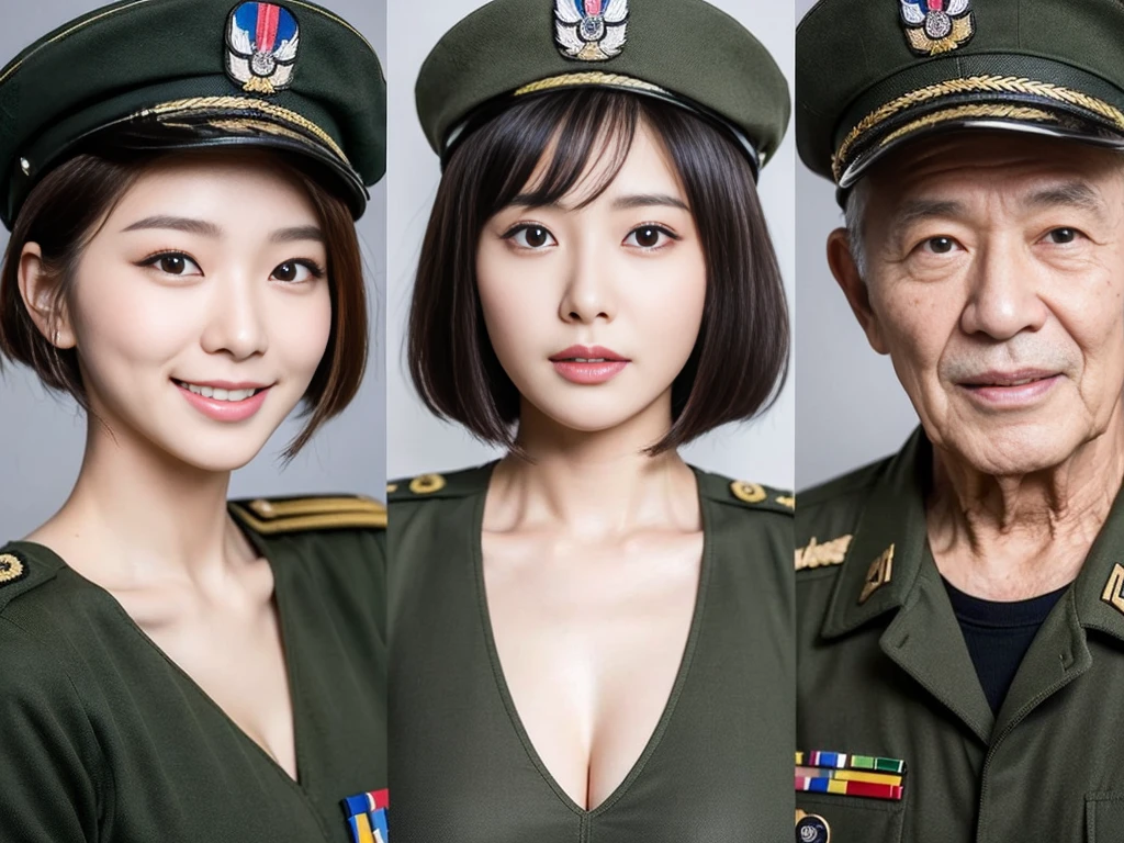 (A cute and beautiful Korean female soldier poses for a commemorative photo with her friendly elderly and male soldiers.:1.3)(Grinning expression:1.2)(20-year-old:1.3)(Huge , There is cleavage in the chest:1.2),(Sweating profusely)(Huge boobs)(Elegant and shiny black bob cut:1.2))(8k, RAW Photos, Highest quality, masterpiece: 1.2),High-resolution RAW color photos, Professional photos, Very detailed and beautiful,(she&#39;She&#39;s very skinny but has big breasts:1.4), Small face:1.Perfect anatomical figure、(Huge breasts that make your clothes burst: 0.9) (Huge胸 :1.4)(Classy makeup,eyeliner/eye shadow,lipstick,Fair skin,Beautiful Skin)(Full body photo:1.1)(Shiny Hair:12)(lipstick:1.1)(uniform:1.2)(Sexy Korean Woman:1.2)(Military departure ceremony:1.1))(Group photo:1.3)(All beautiful girls:1.2)Military facilities,