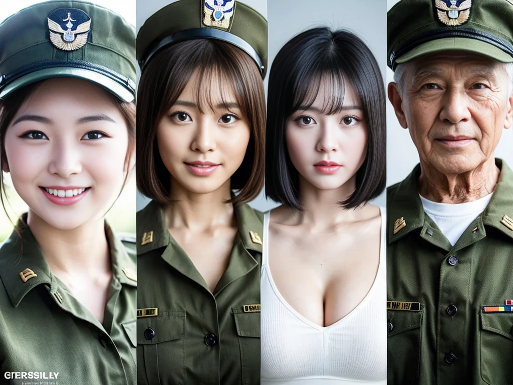 (A cute and beautiful Korean female soldier poses for a commemorative photo with her friendly elderly and male soldiers.:1.3)(Grinning expression:1.2)(20-year-old:1.3)(Huge , There is cleavage in the chest:1.2),(Sweating profusely)(Huge boobs)(Elegant and shiny black bob cut:1.2))(8k, RAW Photos, Highest quality, masterpiece: 1.2),High-resolution RAW color photos, Professional photos, Very detailed and beautiful,(she&#39;She&#39;s very skinny but has big breasts:1.4), Small face:1.Perfect anatomical figure、(Huge breasts that make your clothes burst: 0.9) (Huge胸 :1.4)(Classy makeup,eyeliner/eye shadow,lipstick,Fair skin,Beautiful Skin)(Full body photo:1.1)(Shiny Hair:12)(lipstick:1.1)(uniform:1.2)(Sexy Korean Woman:1.2)(Military departure ceremony:1.1))(Group photo:1.3)(All beautiful girls:1.2)Military facilities,