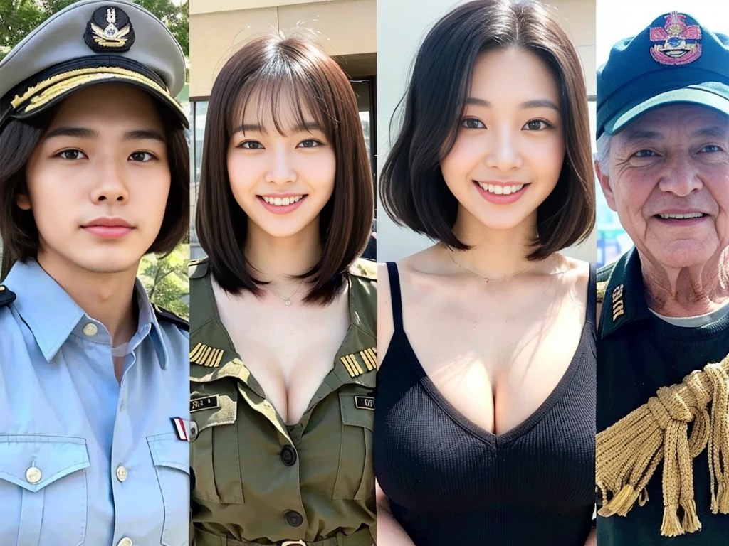 (A cute and beautiful Korean female soldier poses for a commemorative photo with her friendly elderly and male soldiers.:1.3)(Grinning expression:1.2)(20-year-old:1.3)(Huge , There is cleavage in the chest:1.2),(Sweating profusely)(Huge boobs)(Elegant and shiny black bob cut:1.2))(8k, RAW Photos, Highest quality, masterpiece: 1.2),High-resolution RAW color photos, Professional photos, Very detailed and beautiful,(she&#39;She&#39;s very skinny but has big breasts:1.4), Small face:1.Perfect anatomical figure、(Huge breasts that make your clothes burst: 0.9) (Huge胸 :1.4)(Classy makeup,eyeliner/eye shadow,lipstick,Fair skin,Beautiful Skin)(Full body photo:1.1)(Shiny Hair:12)(lipstick:1.1)(uniform:1.2)(Sexy Korean Woman:1.2)(Military departure ceremony:1.1))(Group photo:1.3)(All beautiful girls:1.2)Military facilities,