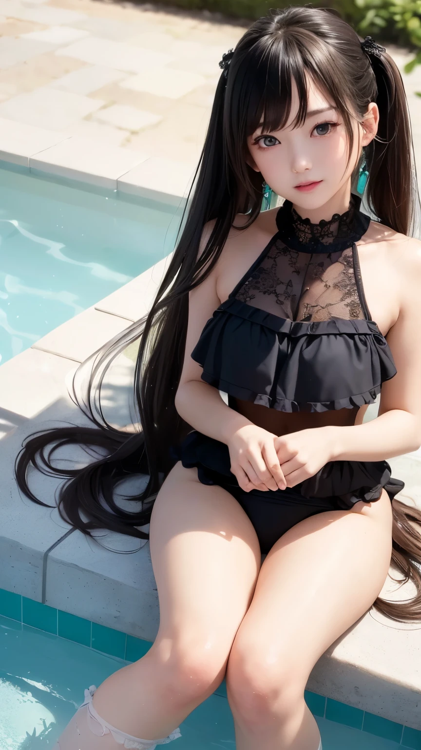 ((masterpiece)), ((highest quality、Ultra high definition)), (Very detailed),8k、Photo quality、((Amazingly cute girl)),)), Two people, , (Beautiful emerald blue eyes), ((smile)),In the open-air bath overlooking the sea, Beautifully arranged black hair in twin tails、Slim Body、(((A very cute swimsuit with lots of lace and frills.)))、Professional Lighting、(White lace knee-highore detailed and beautiful)、(More details and cutenesore realistic)、((Just wear light clothing))、Frolic in the pool、