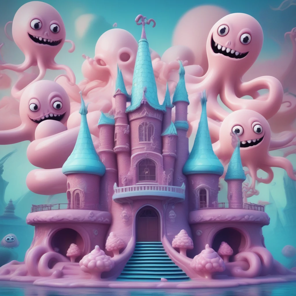 score_9, score_8_up, score_7_up, score_6_up, score_5_up, score_4_up, octopus-shaped demon castle, elite squad of colorful soft serve ice cream ghost guards, cute dark horror fantasy in Disney-like cartoon style, pastel color effects, foggy effects, (ultra detailed, absolutely resolution, best quality:1.3), 2.5D, delicate and dynamic, shading effects, hyper realistic, artistic photography, graphic CG digital art