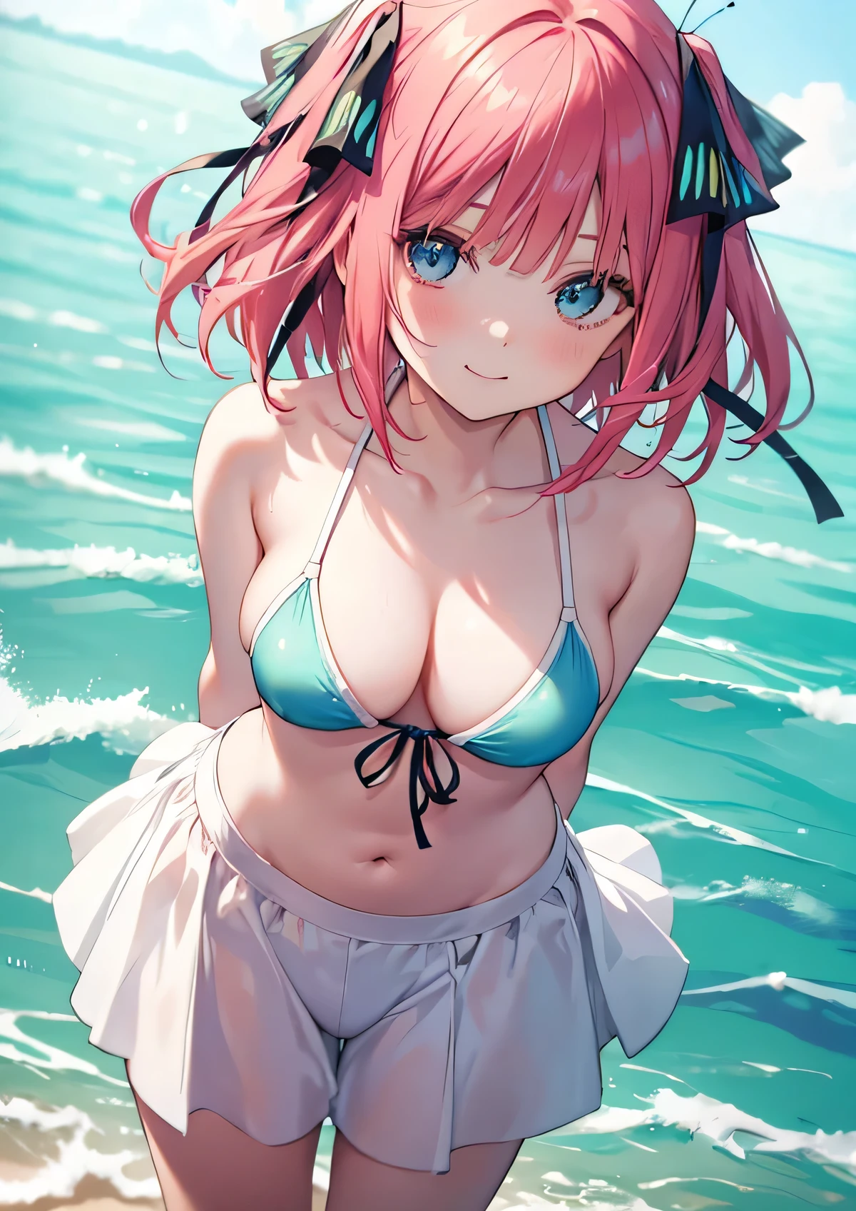 Nino Nakano is a character that appears in the anime "The Quintessential Quintuplets" 「The background is a sunny day at the sandy beach...」The eyes of this character are blue. My hairstyle is a bob cut with shockingpink color. This character is wearing a butterfly hair accessory. Please focus on this character. This character has a very lovely smile.high Quality. .. masterpiece,best quality,ultra detailed, My breast size is D cup. The background is a sunny day at the sandy beach. This character is wearing Skirt-style-bikini bikini.{ The color of this Micro bikini is Blue green. } . Additionally, a glimpse of cleavage can be seen.
{bust-up shot}{High Resolution}{BestQuality}
{This character is facing forward and slightly leaning forward.}
(high angle shot)
This character has their arms behind back