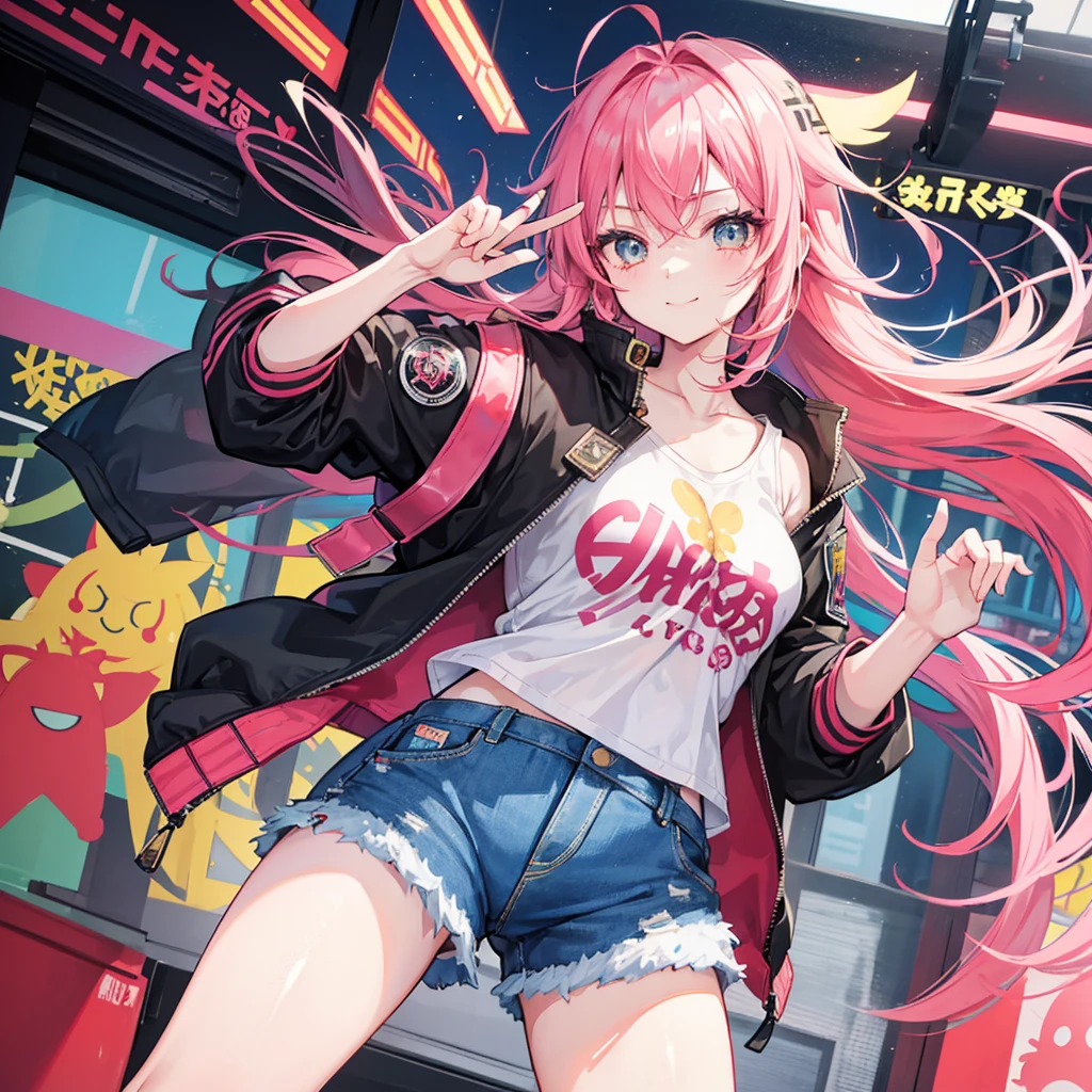 "Using advanced artificial intelligence technology, create an image of a young anime protagonist with a charming and lively style. She has short fluffy bright pink hair, with locks that fall messily over his youthful and expressive face. His big, sparkling eyes reflect a mix of determination and curiosity., while a mischievous smile lights up his face. She is dressed in an outfit inspired by Japanese street fashion., wearing a patch-decorated bomber jacket and distressed denim shorts, combining a relaxed style with modern and youthful elements. The background could be an urban park full of bright colors and artistic graffiti, complementing his youthful energy and adventurous spirit."