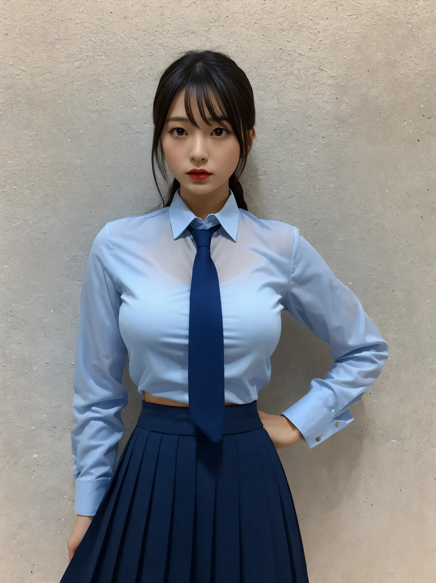 Japanese Girls, Woman in her 20s, Perfect figure, Transparency, Large Breasts, , Navy blue tie, Navy Blue Skirt, Light blue shirt, Idol sculpture