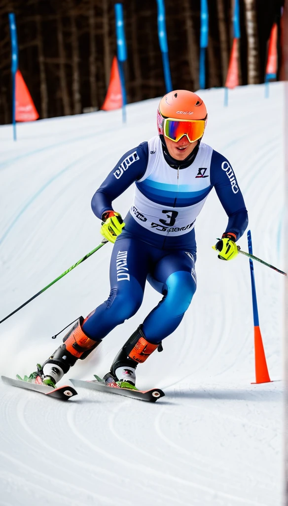 Realistic photography, sport photography, dynamic shot, ski, slalom gigant, slalom between cones, fast time trial, fast slalom, effective, full body shot, fast capture photo, motion blur, shallow depth of field, bokeh, 8k, film grain, made by dslr