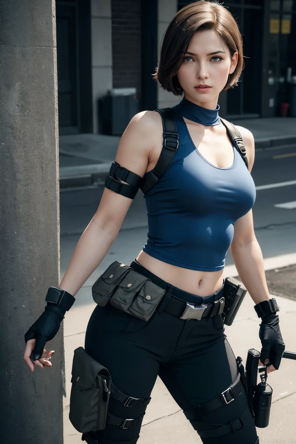 Crie uma imagem hiper-realista de Jill Valentine do Resident Evil 3 Remake, represented as a real person.
nationality must be American Face with defined and strong features, with an expression of determination and seriousness.
dark brown hair, short and straight, with a side bang, generally stuck in a practical style for combat.
intense and expressive blue eyes, with long eyelashes fair skin, with some subtle scars or dirt, indicating recent battles.
Blue sleeveless top, adjusted to the body.
Black or dark gray cargo pants, with multiple utility pockets and reinforced details on the knees.
black combat boots, robust and comfortable, designed for difficult terrain and long missions.
Black combat gloves, no fingers, providing grip and protection while maintaining manual dexterity.
Tactical belt: Utility Belt with Gun Holsters, knives and other essential equipment.
Combat knife: Knife attached to belt, ready to be used in hand-to-hand combat.
handgun: handgun no coldre, visible and easily accessible, one of Jill's essentials.
expression of determination and focus, showing that you are ready to face any danger.
combat stance, slightly turned to the left pointing a gun forward