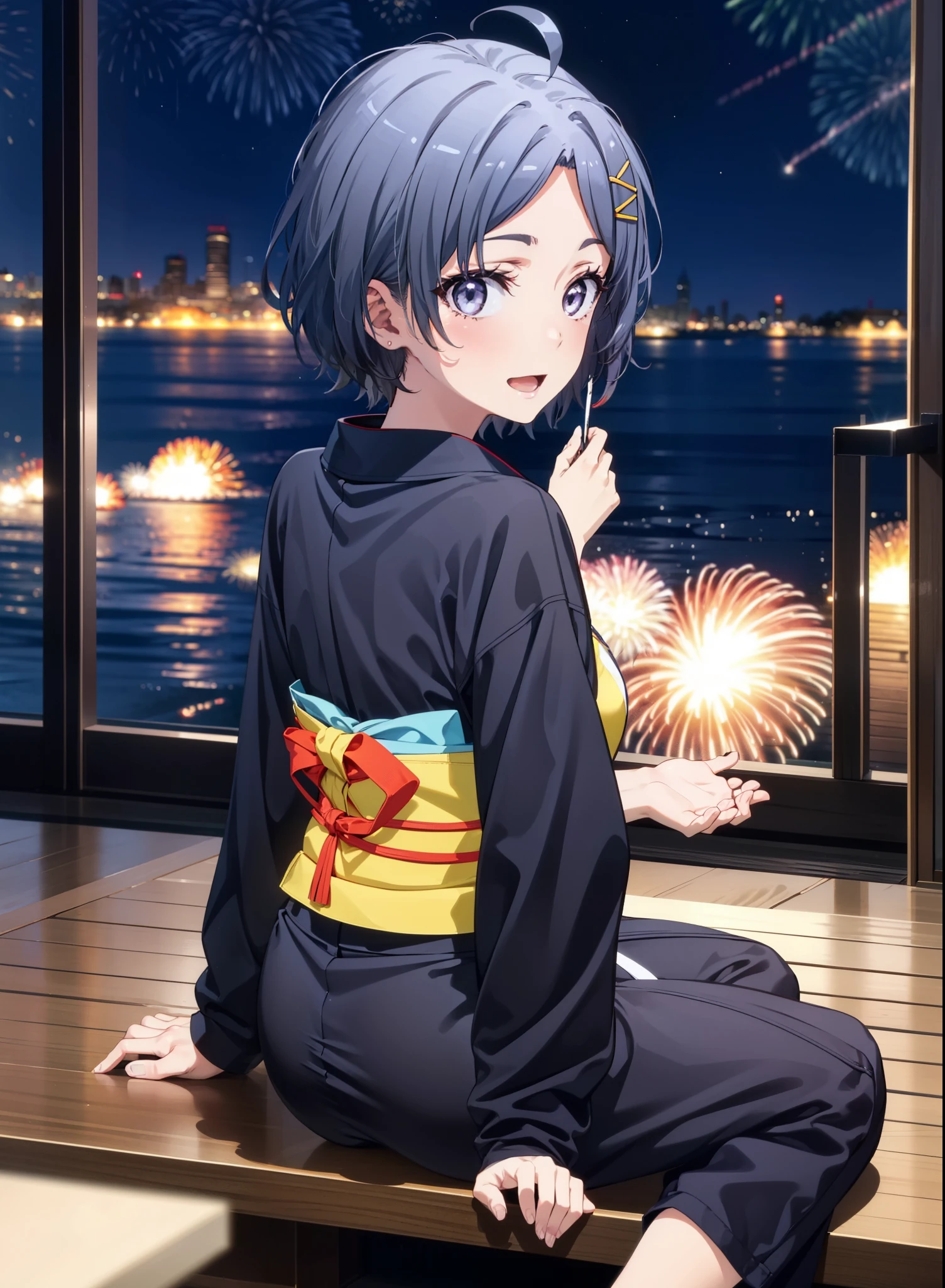 komachihikigaya, komachi hikigaya, short hair, Black Hair, hair ornaments, Ahoge, Hair Clip, x hair ornaments, (Purple eyes:1.1), tooth, smile, Open your mouth, black kimono,Sandals,Sitting on a bench,Fireworks in the night sky,Fireworks,The place is a fireworks display,Time is night,sunny day,turn around,whole bodyがイラストに入るように,
break outdoors,Veranda,Japanese Garden,
break looking at viewer,whole body,(Cowboy Shot:1. 5),
break (masterpiece:1.2), Highest quality, High resolution, unity 8k wallpaper, (figure:0.8), (Beautiful attention to detail:1.6), Highly detailed face, Perfect lighting, Highly detailed CG, (Perfect hands, Perfect Anatomy),