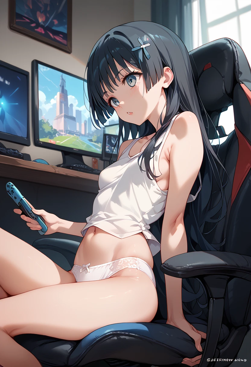 masterpiece,High resolution,Highest quality,8k
(Saten Ruiko)(14-year-old female,Long Black Hair,Small breasts,Slim body,Hairpin)
(Tank top,White panties)room,Sit in a gaming chair