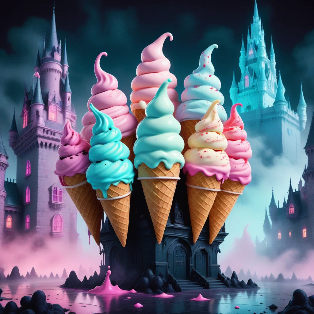 score_9, score_8_up, score_7_up, score_6_up, score_5_up, score_4_up, demon castle, elite squad of colorful soft serve ice cream ghost guards, cute dark horror fantasy in Disney-like cartoon style, pastel color effects, foggy effects, (ultra detailed, absolutely resolution, best quality:1.3), 2.5D, delicate and dynamic, shading effects, hyper realistic, artistic photography, graphic CG digital art