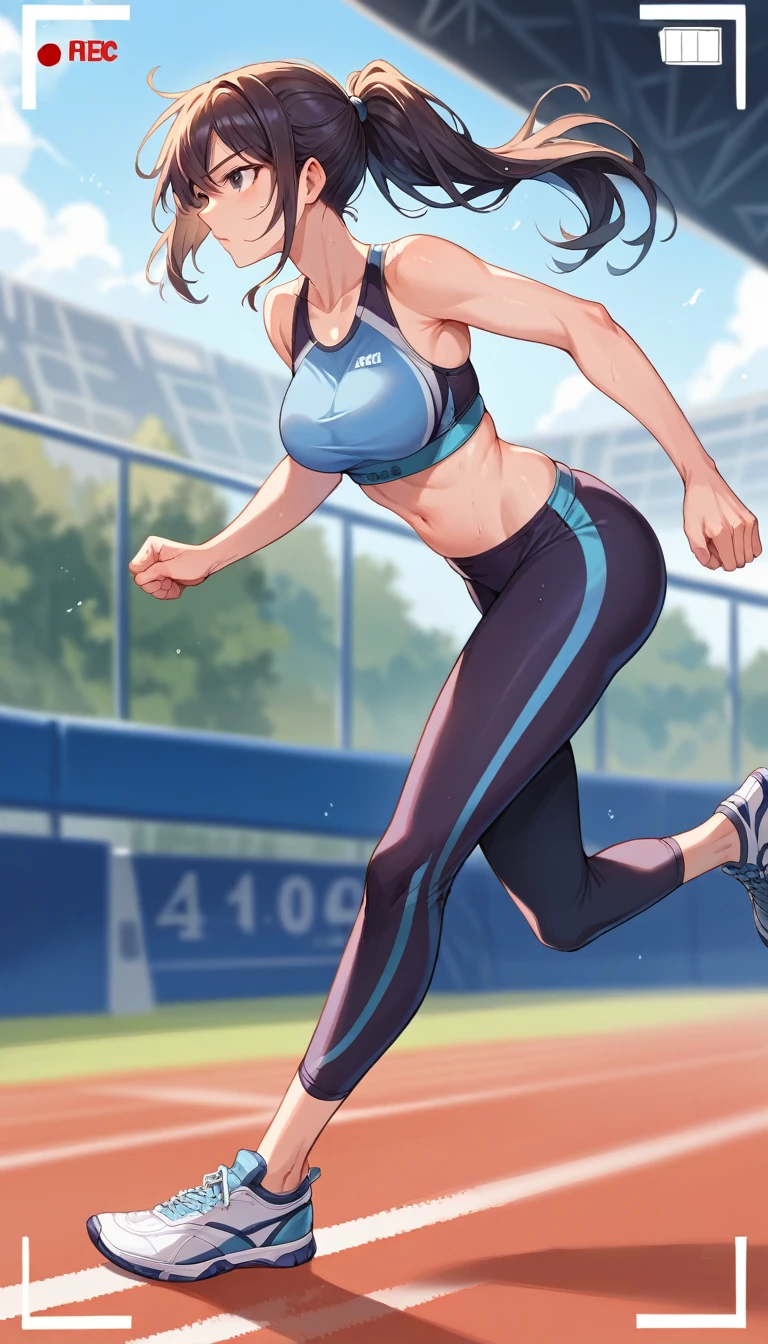 score_9, score_8_up, score_7_up, score_6_up, 1girl, ponytail, sports bra, sports leggings, sport shoes, sport sneakers, swaying hair, focused, running, jogging, from side, sports photography, recording, scenery, blurry background, sport arena, sport arena background, intricate sport arena background,