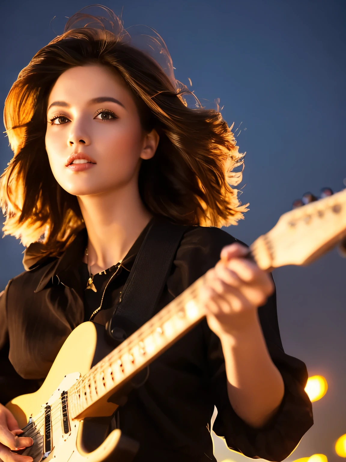 Short Bob Hair, no, (Clear focus:1.2), photograph, Attractive Young Woman, (Pretty face:1.1), Delicate eyes, Sweet Lips, (Bold red lip color:0.85),  (slim:1.2), (Long Hair:1.2),  Written boundary depth, Bokeh, 4K, High resolution. pass (James C. Christensen:1.2|Jeremy Lipkin:1.1).((Playing electric guitar:1.3))、、Octane, Sky Sky, performer(Sky Sky), landscape, Starry Sky, night, One Girl, night空, solo, Plein Air, built, cloud, evening、 Sit on, wood, Hair length, city, silhouette, 都city景観,Realistic、Wearing 1980s clothing