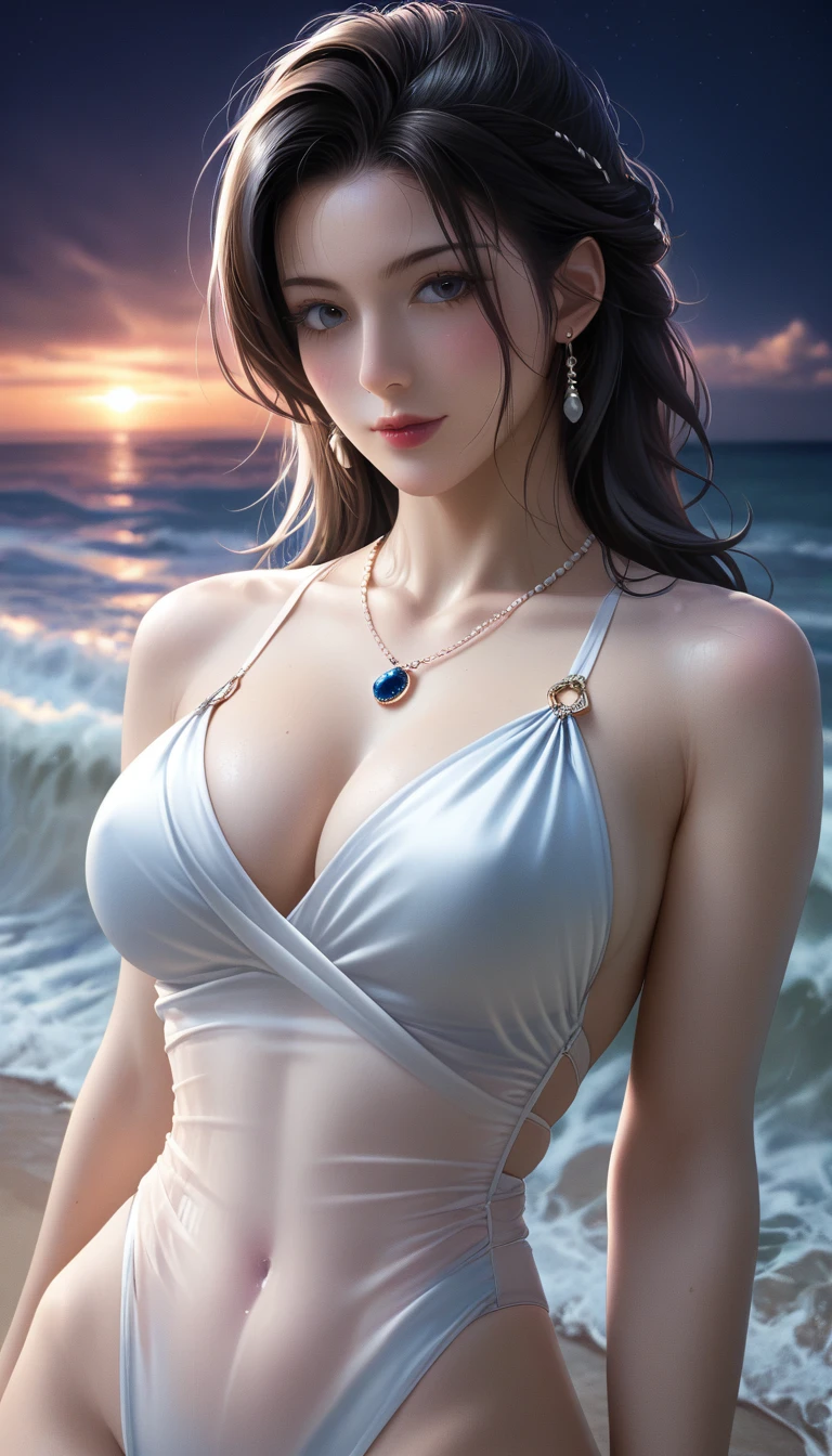 score_9, score_8_superior, score_7_superior, Masterpieces with up to 16K resolution,Highest quality,it is really amazing,Very detailed,Ultra-high resolution,(Ultra-realistic:1.1),(Realistic:1.1),Increased depth of field,Cinematic lighting,
Elegant Japanese MILF,
Long black hair,Ultra-detailed and beautiful faces,Translucent white skin,Very detailedな肌,
(Elegant white swimsuit:1.1),
Bold design,Artistic design,Beautiful and detailed pattern,Detailed fabric texture,
Gorgeous necklace,Earrings,
(Bali Beach:1.1),(Dark beach at night:1.1),(Deserted beach:1.1),(A pitch black night sky with dark clouds:1.1),
(Dramatic Angle:1.1),