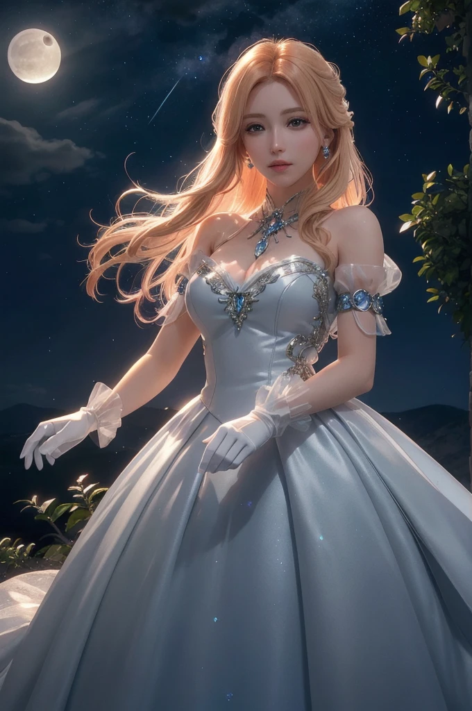 hair red gradient blonde, night sky, detailed face, face focus, shiny skin, game cg, nigh sky, moonlight, moon, white gloves, magical girl beauty in dress glass, Intricate Surface Detail, Crystal Core , Ethereal Fantasy, Realistic, Fiction, Full-HD, 8K Photo