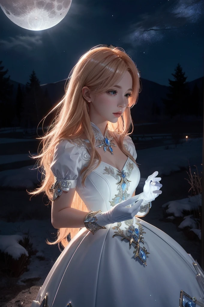 hair red gradient blonde, night sky, detailed face, face focus, shiny skin, game cg, nigh sky, moonlight, moon, white gloves, magical girl beauty in dress glass, Intricate Surface Detail, Crystal Core , Ethereal Fantasy, Realistic, Fiction, Full-HD, 8K Photo