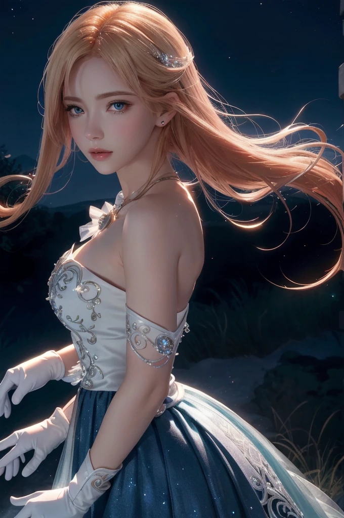 hair red gradient blonde, night sky, detailed face, face focus, shiny skin, game cg, nigh sky, moonlight, moon, white gloves, magical girl beauty in dress glass, Intricate Surface Detail, Crystal Core , Ethereal Fantasy, Realistic, Fiction, Full-HD, 8K Photo