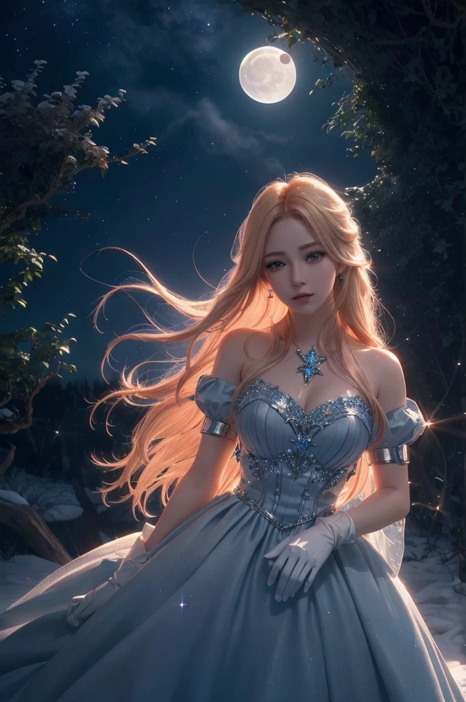 hair red gradient blonde, night sky, detailed face, face focus, shiny skin, game cg, nigh sky, moonlight, moon, white gloves, magical girl beauty in dress glass, Intricate Surface Detail, Crystal Core , Ethereal Fantasy, Realistic, Fiction, Full-HD, 8K Photo