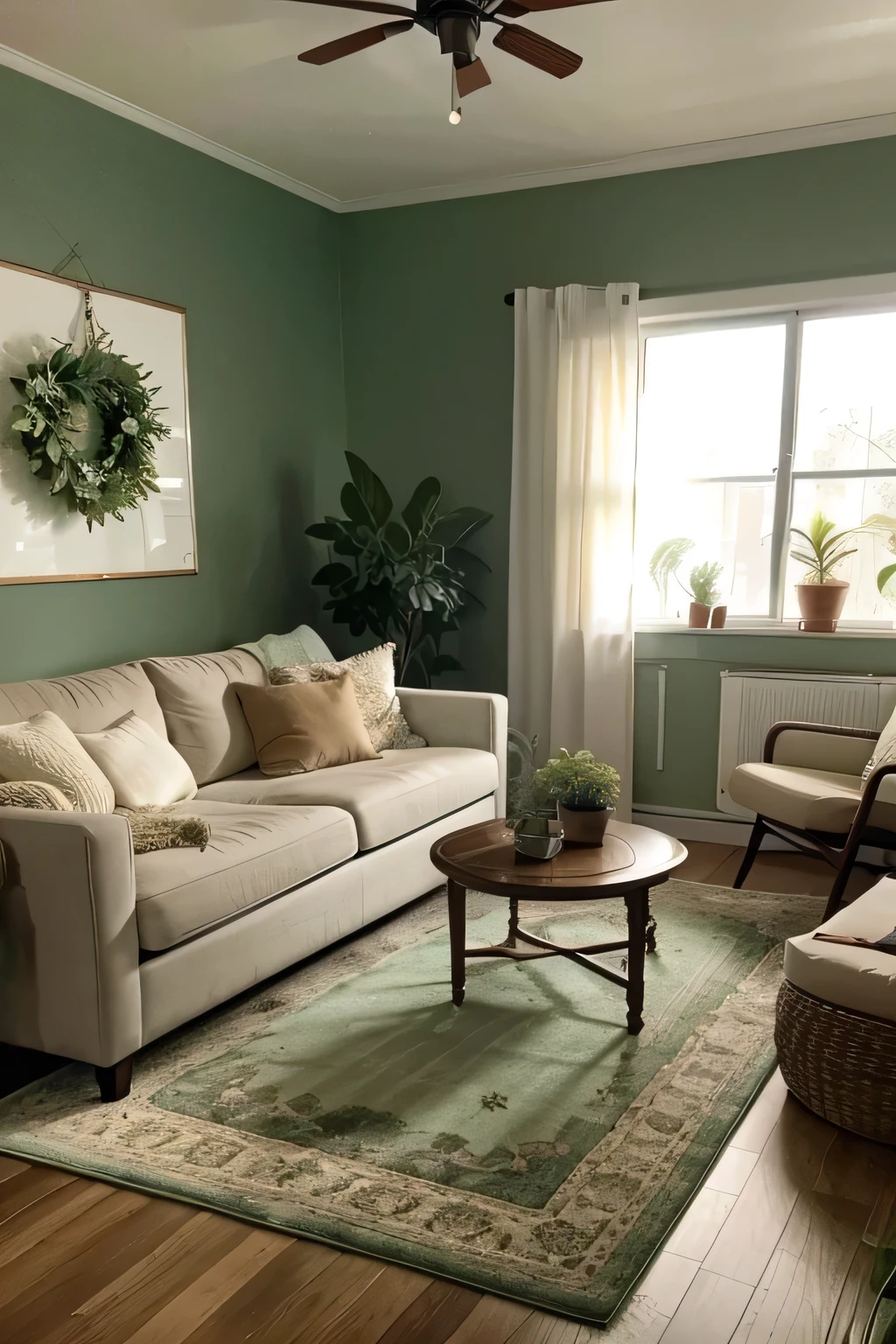 Generate an image of a stylish and inviting living room that highlights the calming and elegant appeal of sage green. The room should feature a comfortable, sage green velvet sofa as the focal point, adorned with complementary throw pillows in neutral tones and subtle patterns. Place a sleek, wooden coffee table with a minimalist design in front of the sofa, topped with chic decor items like a small stack of coffee table books, a vase with fresh flowers, and a few candles. Add a textured area rug in a soft, natural hue to anchor the space. Incorporate a mix of modern and boho elements such as a macrame wall hanging, a large framed botanical print, and a few potted plants to bring a touch of nature indoors. Use soft, ambient lighting from stylish floor lamps and string lights to create a warm, cozy atmosphere. The overall look should be a harmonious blend of sage green and natural tones, creating a serene and welcoming living room that instantly draws viewers in and makes them eager to explore more.