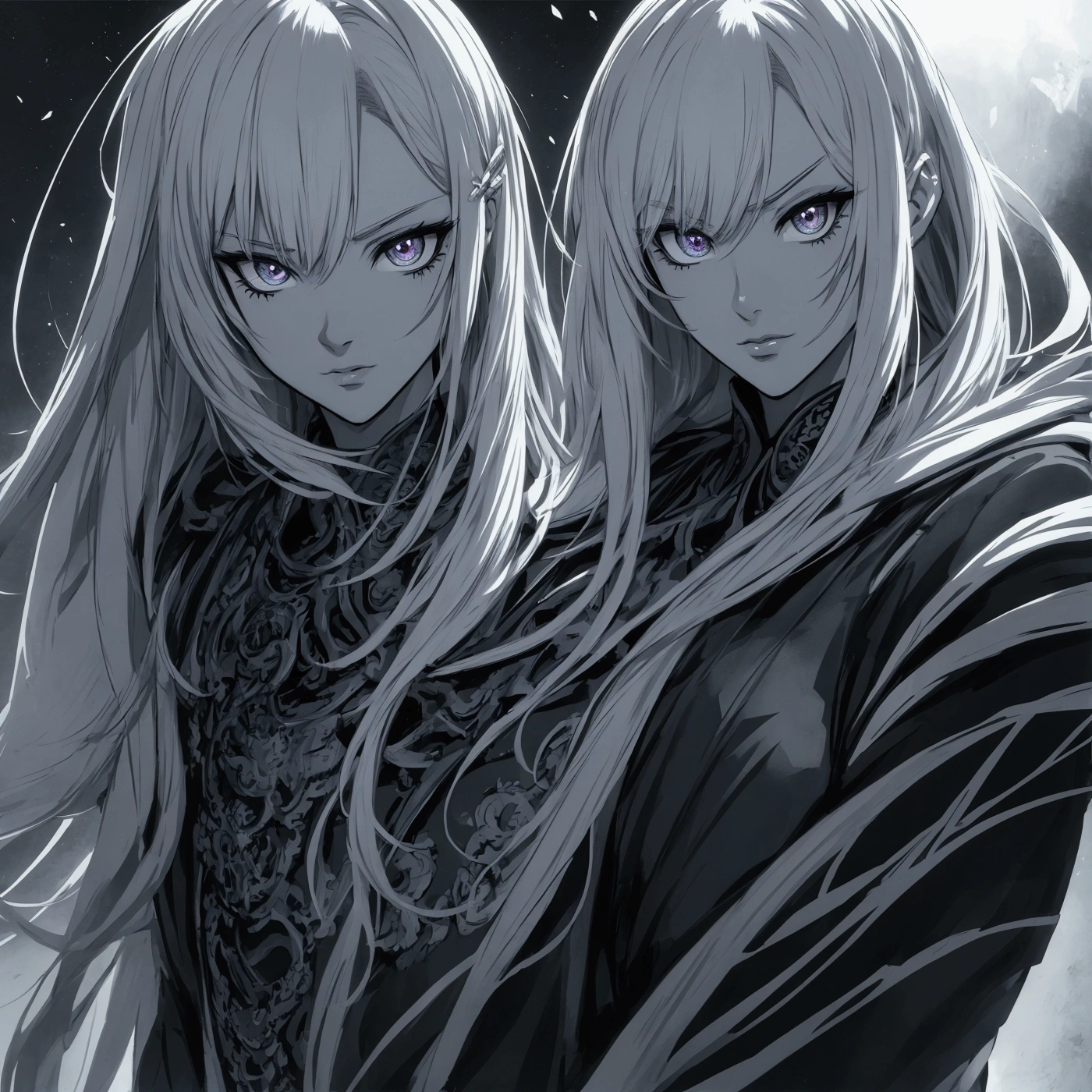 Roses bloom around the old tree，The moon reflects the fire-breathing dragon on the castle silhouette in the distance，A man is holding a heart and standing behind a half-naked white long-haired girl wearing a leather jacket and holding a long sword.，