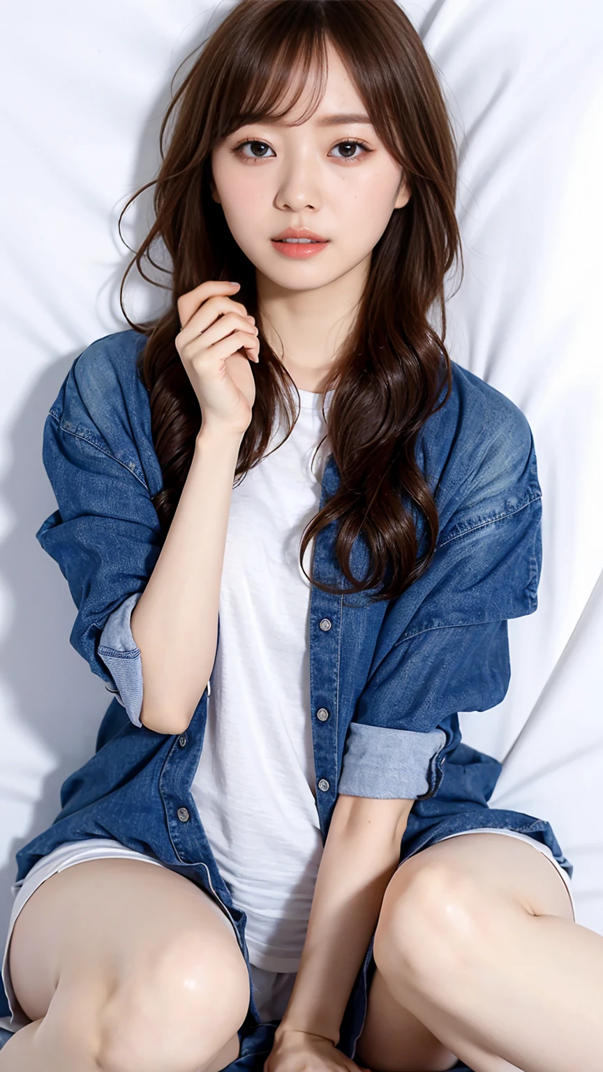 Highest quality,masterpiece,Ultra-high resolution,Very realistic,Young sensual Japanese woman、K-POPアイドルみたい、(Half-open eyes、Please open your mouth wide、Climax expression)、On the white sheets、Sleep on your back、(Japanese school)、Flexible body、Delicate white skin、length, Thin legs、(Sweaty body)、alone、(Beautiful and accurate depiction of fingers)、(The lower half is not visible, but、Part of her spread legs are visible.),Tall and slender