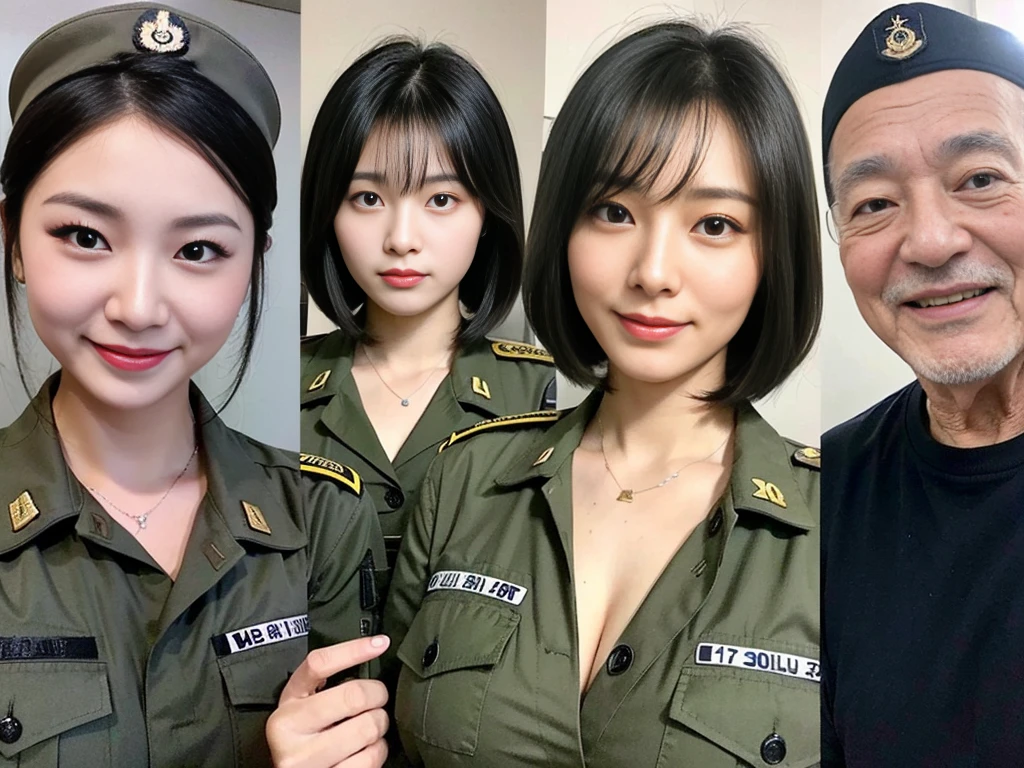 (A cute and beautiful Korean female soldier poses for a commemorative photo with her friendly elderly and male soldiers.:1.3)(Grinning expression:1.2)(20-year-old:1.3)(Huge , There is cleavage in the chest:1.2),(Sweating profusely)(Huge boobs)(Elegant and shiny black bob cut:1.2))(8k, RAW Photos, Highest quality, masterpiece: 1.2),High-resolution RAW color photos, Professional photos, Very detailed and beautiful,(she&#39;She&#39;s very skinny but has big breasts:1.4), Small face:1.Perfect anatomical figure、(Huge breasts that make your clothes burst: 0.9) (Huge胸 :1.4)(Classy makeup,eyeliner/eye shadow,lipstick,Fair skin,Beautiful Skin)(Full body photo:1.1)(Shiny Hair:12)(lipstick:1.1)(uniform:1.2)(Sexy Korean Woman:1.2)(Military departure ceremony:1.1))(Group photo:1.3)(All beautiful girls:1.2)Military facilities,