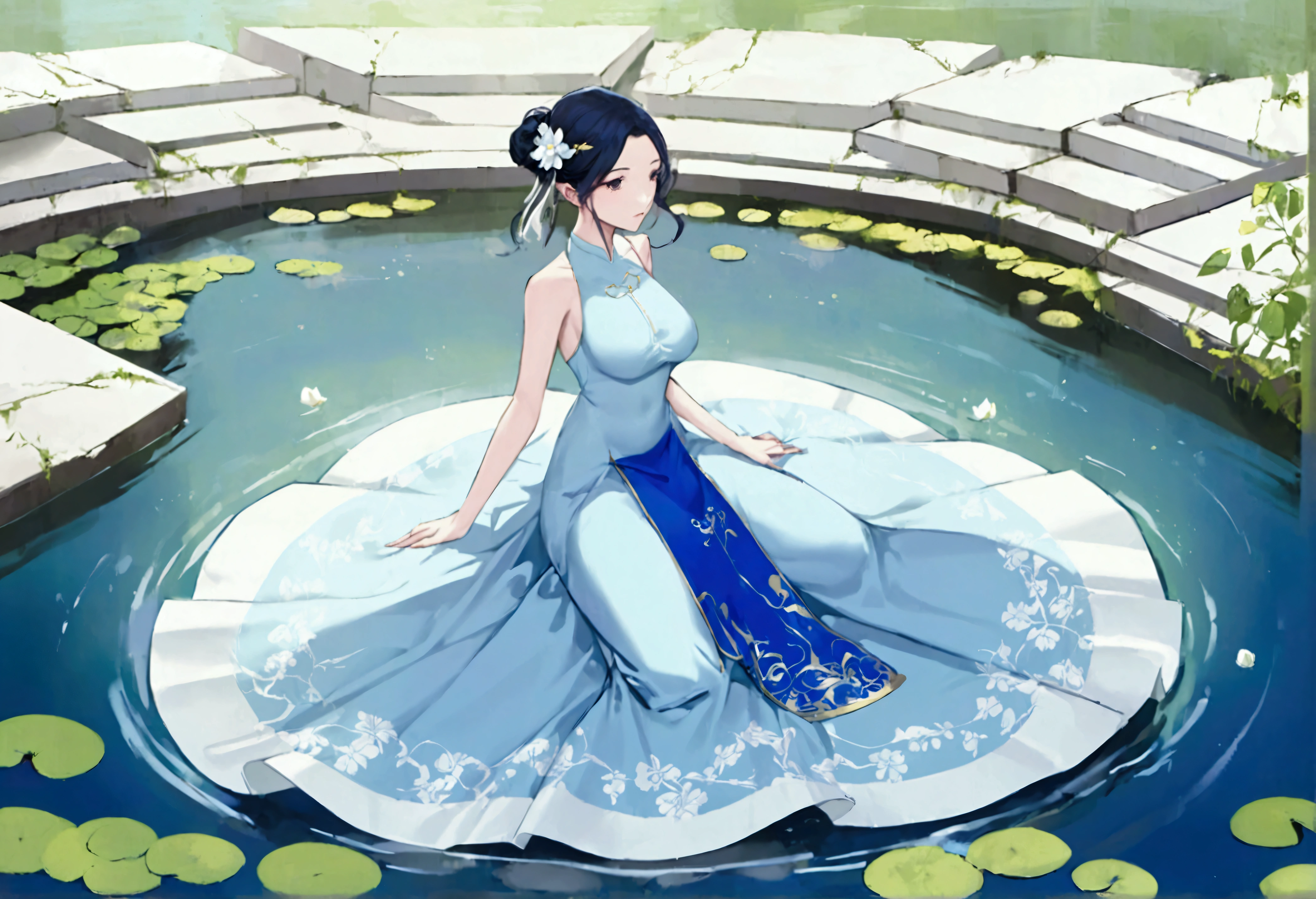 There is a blue dress, 16 long legs, a woman sitting on a rock in the water, standing elegantly on a lotus flower, ethereal beauty, wearing a blue cheongsam, court, a girl in Hanfu, wearing a blue cheongsam, full of fairy Xia, in the pond, white Hanfu, a stunning young ethereal figure, flowing dress, light blue, hair behind ear  