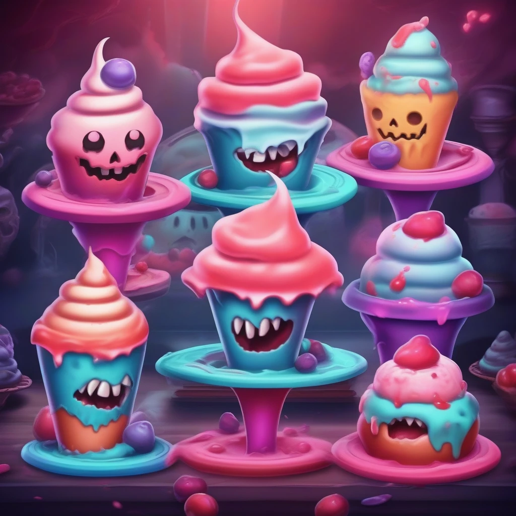 score_9, score_8_up, score_7_up, score_6_up, score_5_up, score_4_up, demon castle, elite squad of colorful soft serve ice cream ghost guards, cute dark horror fantasy in Disney-like cartoon style, pastel color effects, foggy effects, (ultra detailed, absolutely resolution, best quality:1.3), 2.5D, delicate and dynamic, shading effects, hyper realistic, artistic photography, graphic CG digital art