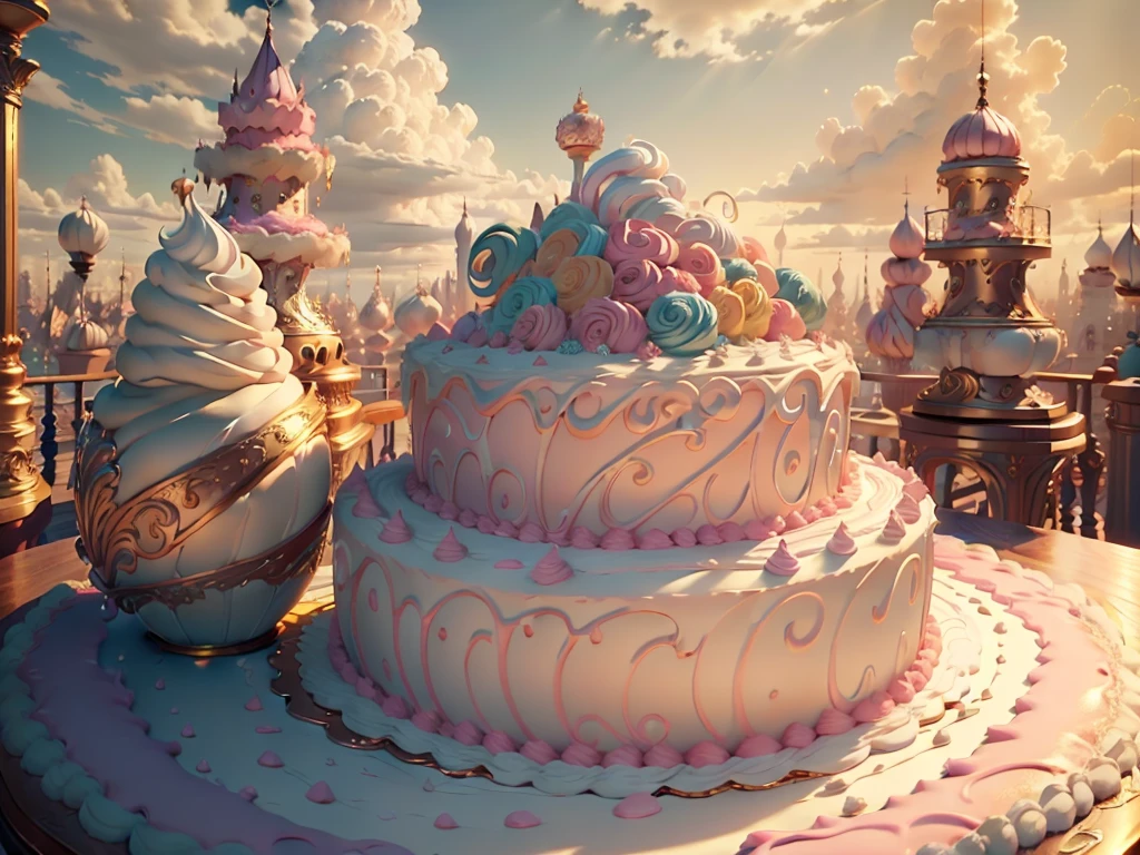 Masterpiece, Best quality, （huge cake）Pastel colors,Magical sky clouds,Fine texture,Pink fluffy cream,cake shop,Vibrant colors,Candy toppings,，Texture , heavily stylized, 4K,， unreal engine 5 render,　Daytime　bright