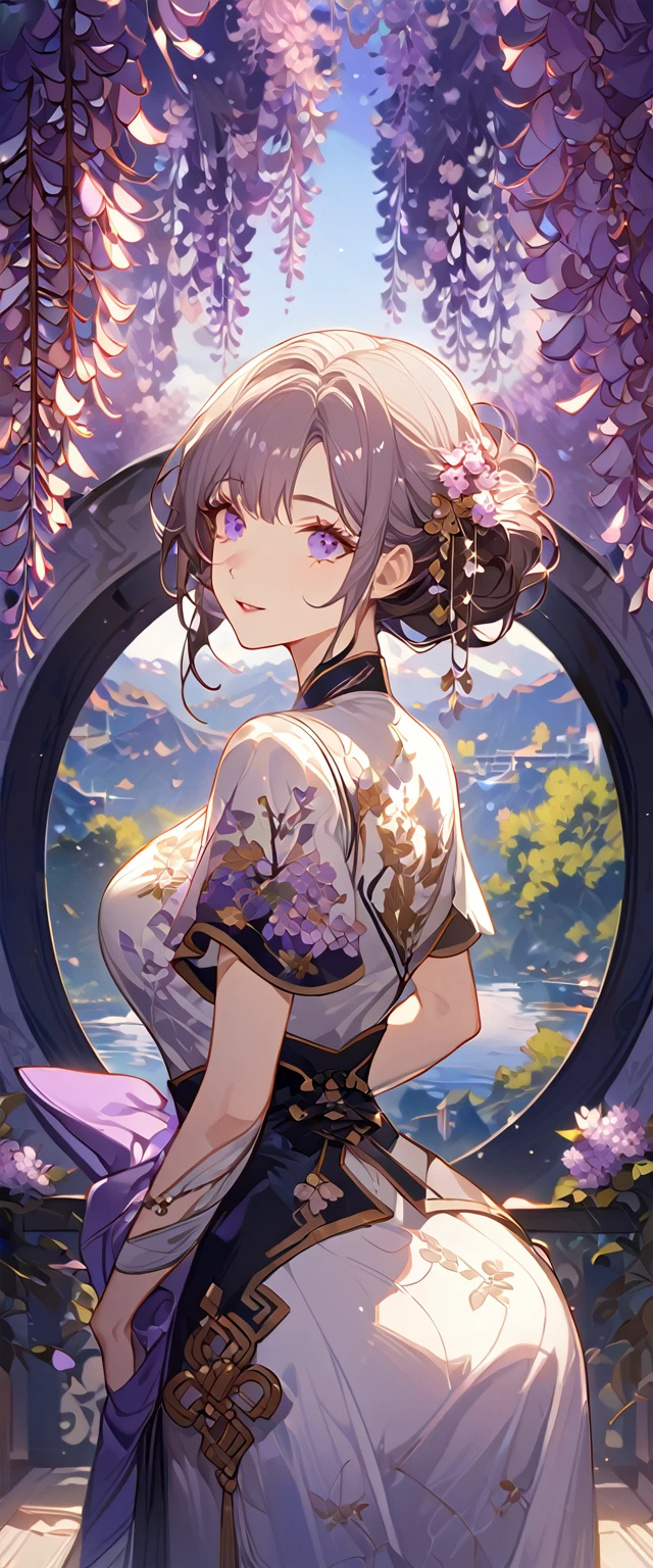 wisteria flower, wisteria tree, wisteria background, 8k ,4k , best quality, high quality, masterpiece, embroidery  clothes, big chest, all kind of hairstyle, inspired by Asukaziye artist : ask, art style : ask