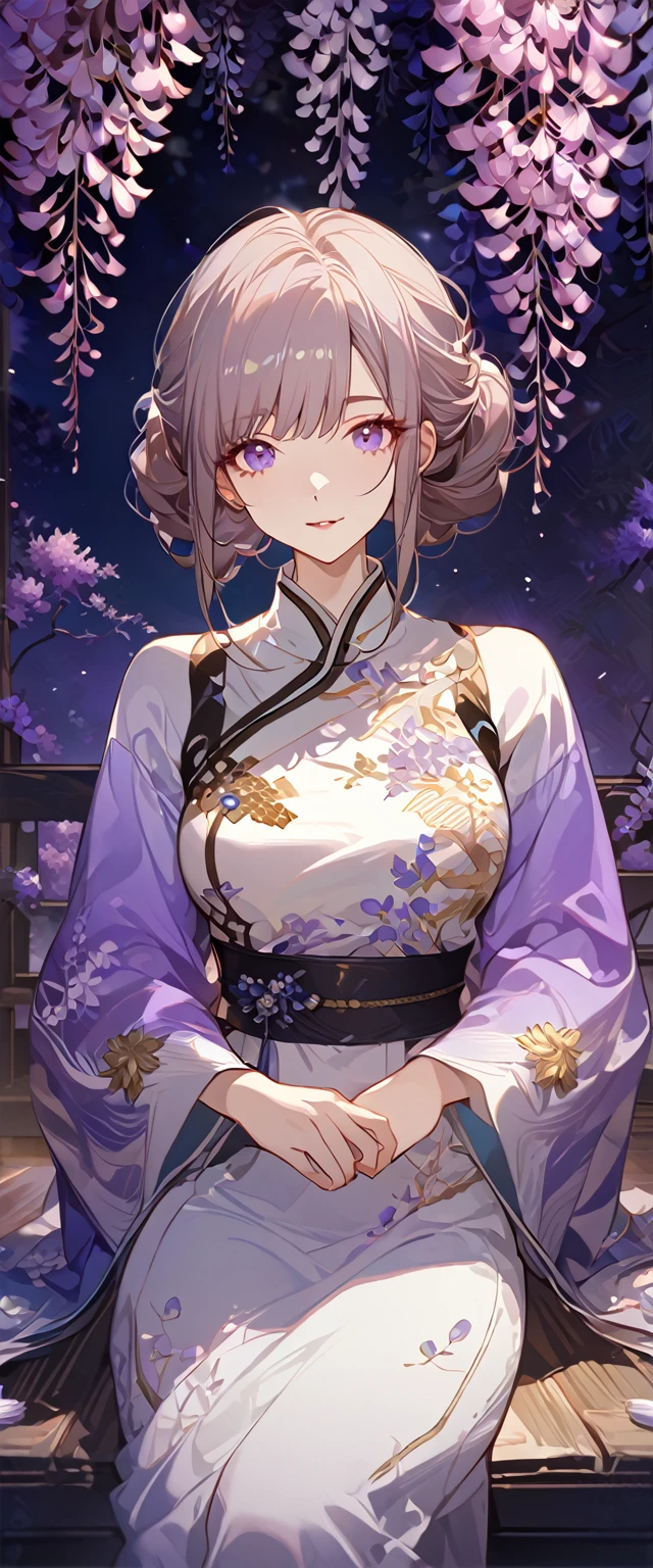 wisteria flower, wisteria tree, wisteria background, 8k ,4k , best quality, high quality, masterpiece, embroidery  clothes, big chest, all kind of hairstyle, inspired by Asukaziye artist : ask, art style : ask