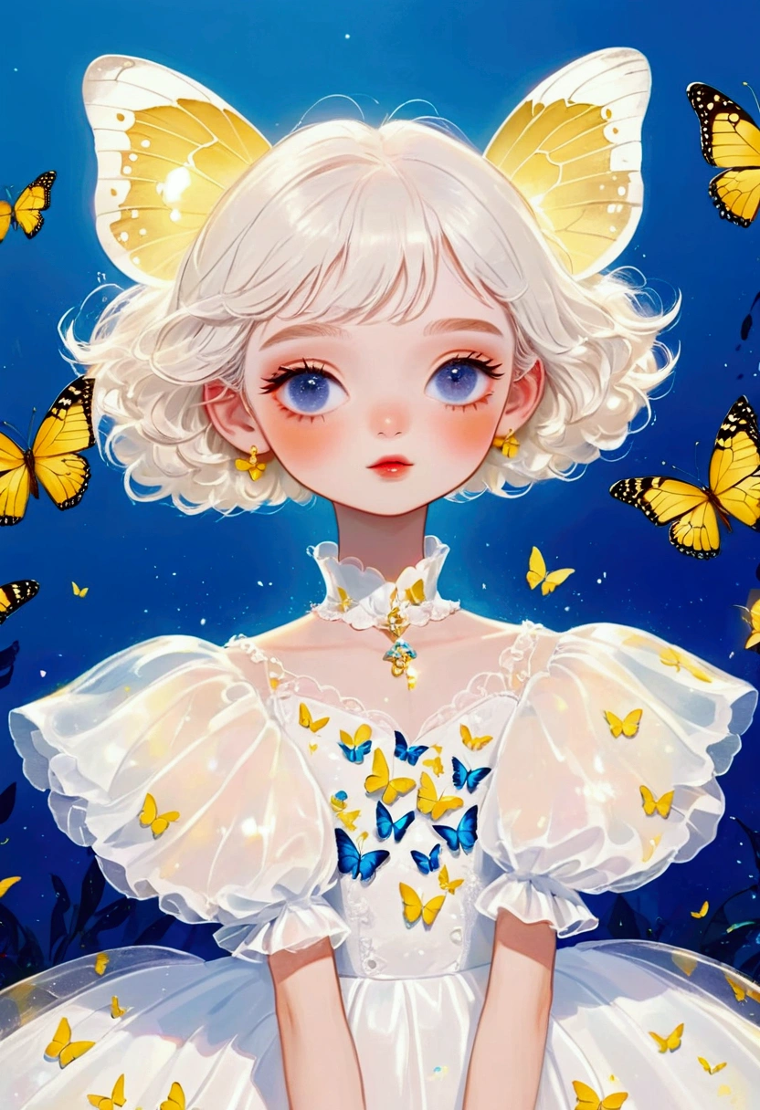 (1A cute *********** and glowing butterflies，Blue pupils，White short hair，Delicate hair,glowing body)，(Exaggerated dress，Puffy and exaggerated sleeves，Fluffy，Fluffy白色薄纱)，yellow solid color background
