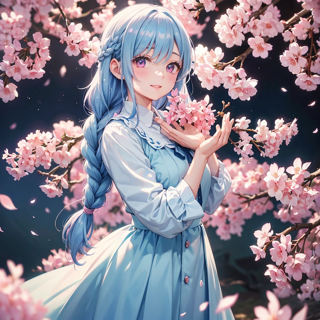 (light blue medium hair),(Braided hair)、Pink Eyes、Fair skin、(whole body)、(uniform)、Cherry Blossoms at Night、Big smile、A dignified figure、alone、(masterpiece、Highest quality、Very detailed、Best Shadow)、(Detailed Background)、(Beautifully detailed face)、High Contrast、(Best lighting、Very delicate and beautiful)、((Cinematic Light))、colorful、Hyper Detail、Dramatic Light、Exquisite detail、