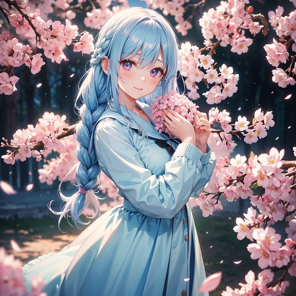 (light blue medium hair),(Braided hair)、Pink Eyes、Fair skin、(whole body)、(uniform)、Cherry Blossoms at Night、Big smile、A dignified figure、alone、(masterpiece、Highest quality、Very detailed、Best Shadow)、(Detailed Background)、(Beautifully detailed face)、High Contrast、(Best lighting、Very delicate and beautiful)、((Cinematic Light))、colorful、Hyper Detail、Dramatic Light、Exquisite detail、