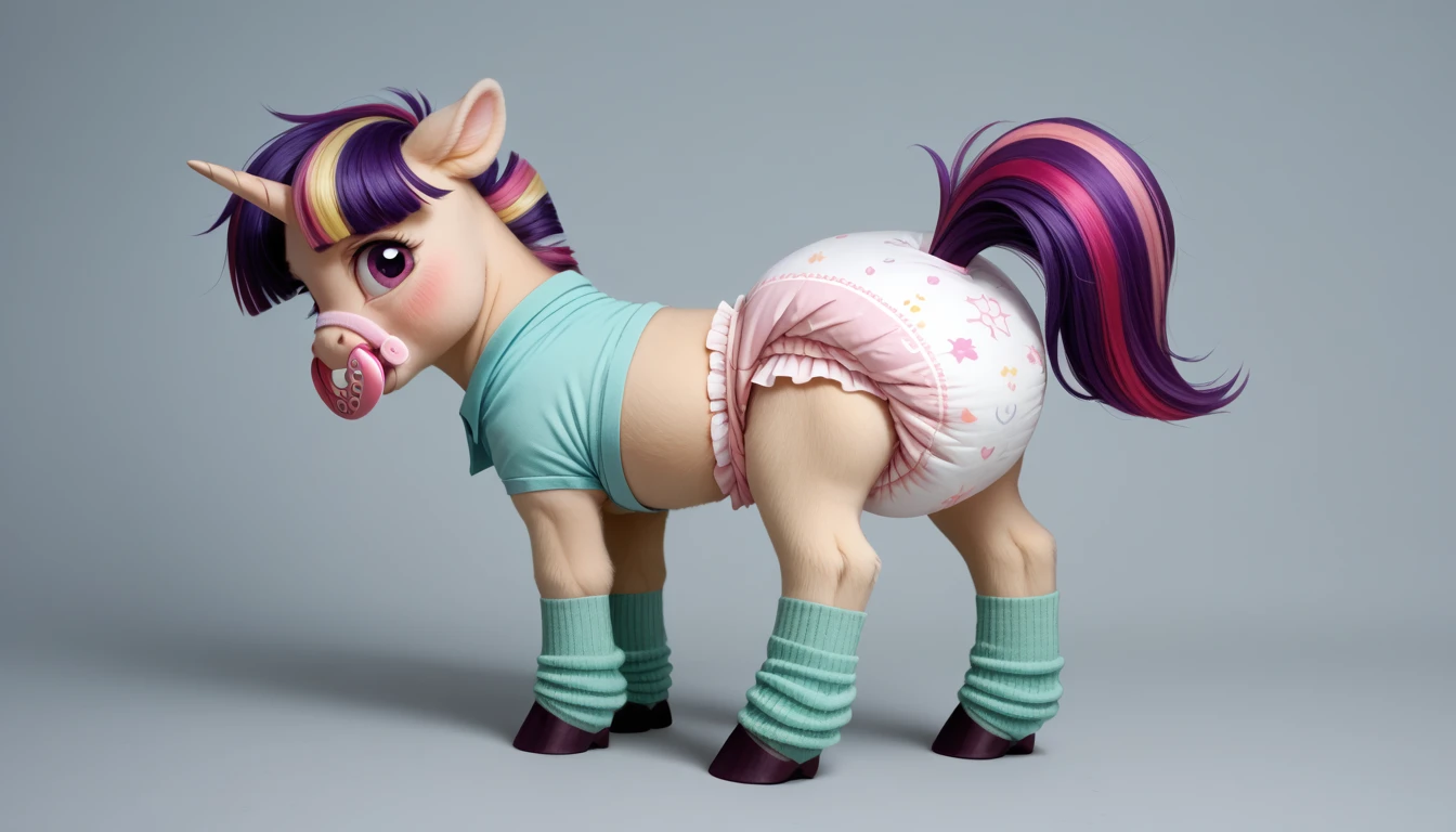 pony, Unicorn, purple wool, the mane and tail are dark blue with a purple streak and a pink streak, violet iris of the eye, stands on four hooves, rear hooves spread wide apart, wearing a soft yellow adult size foal undershirt with frills, on the head there is an adult size foal cap of pale yellow color, on the hooves there are pale green socks, pink pacifier in mouth, solo, raised tail, soft pink thick diaper, pink blush on cheeks.